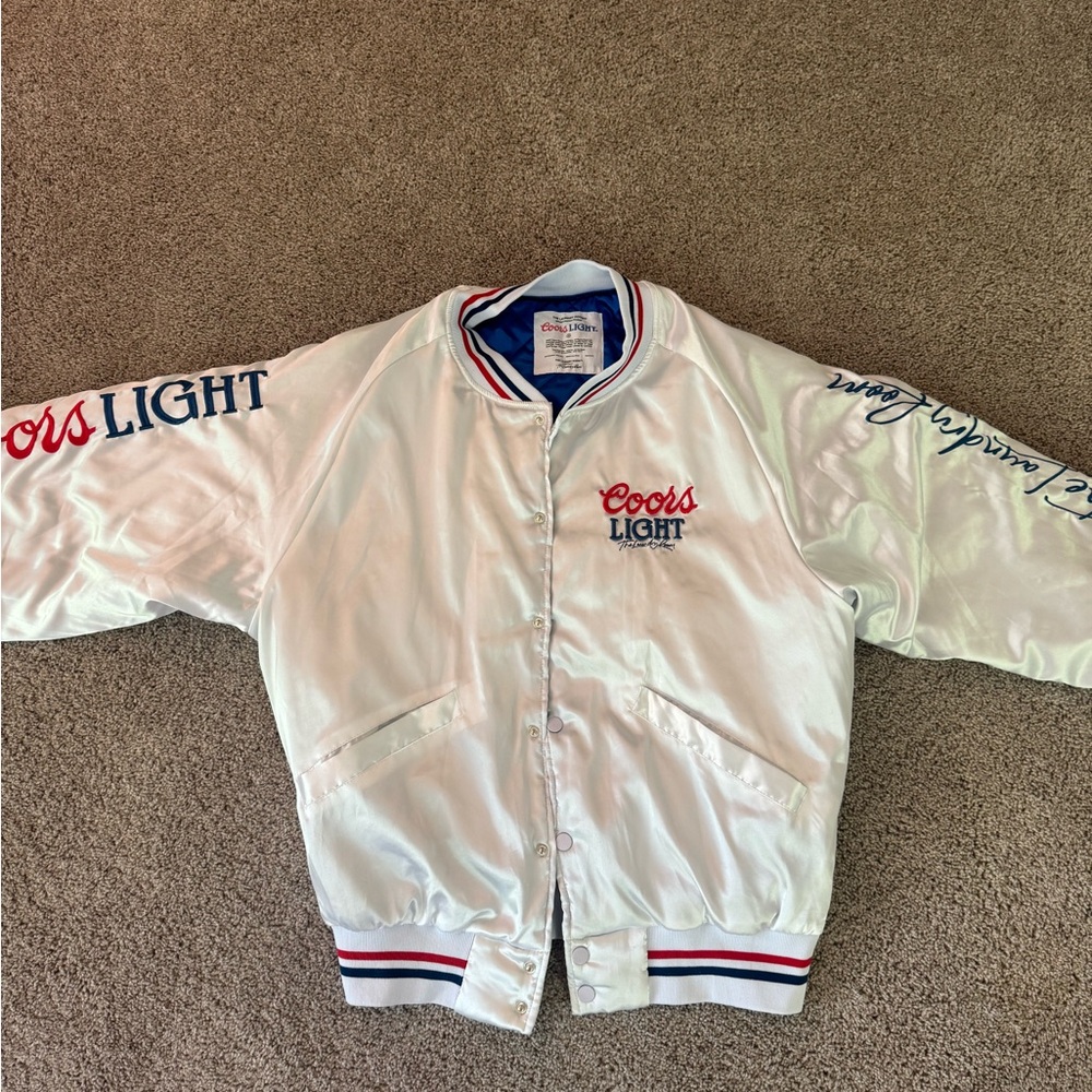 The Laundry Room White Bomber Jacket with Red & Navy Coors Light Script - Picture 3 of 7